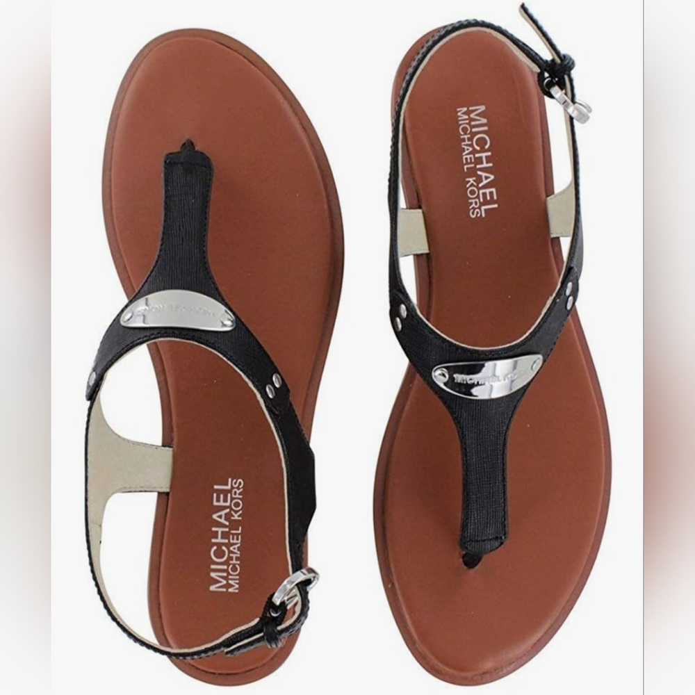 Michael Kors Women's Size 5 Leather MK Plate T-Strap Thong Sandals Black Silver